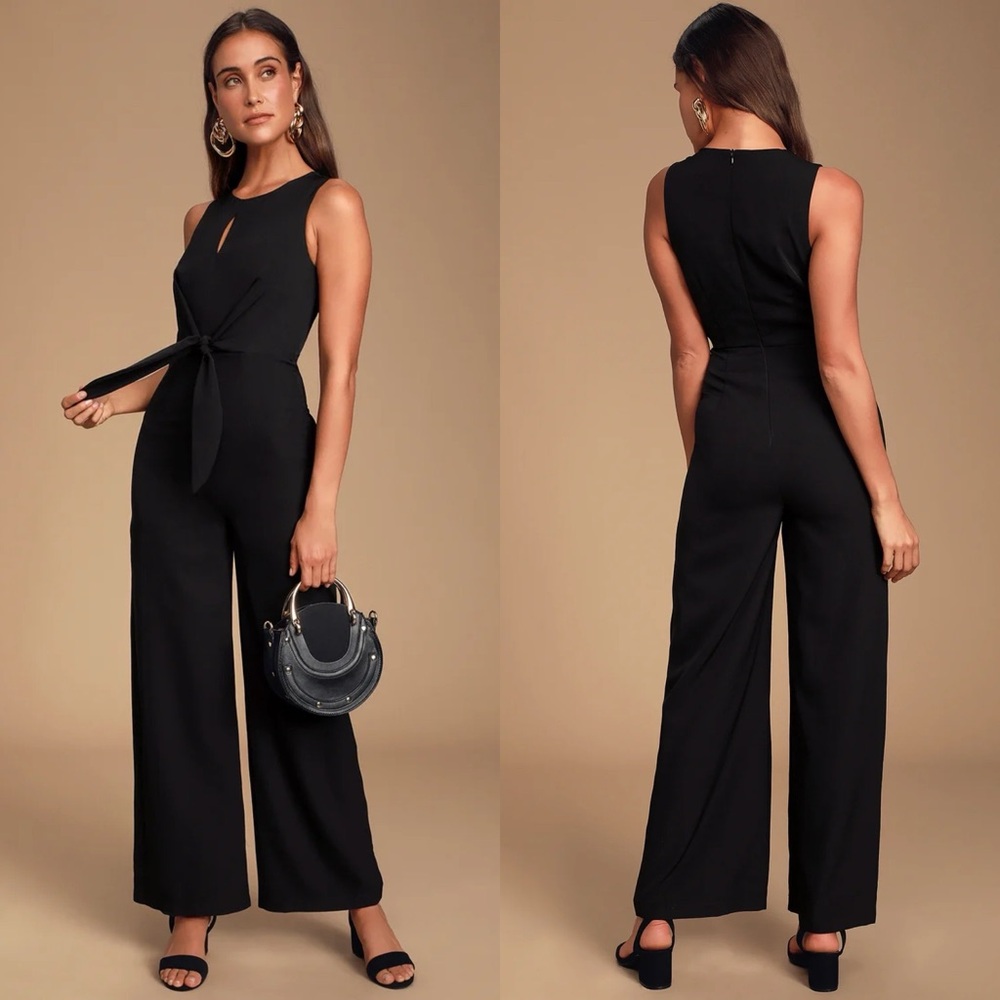 Lulus | Evelynn Black Tie-Front Wide-Leg Jumpsuit